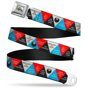 MAGIC 8 BALL Logo Full Color White/Black Seatbelt Belt - Magic 8 Ball Answer Triangles Black/Red/Blue/White Webbing