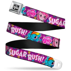 MY LITTLE PONY Title Logo Full Color Black/Purple/White Seatbelt Belt - My Little Pony Pinkie Pie and Rainbow Dash SUGAR RUSH Pose Purple Webbing