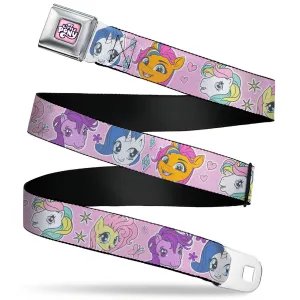 MY LITTLE PONY Title Logo Full Color Pinks/Purples/White Seatbelt Belt - My Little Pony Generations Five Pony Faces and Cutie Marks Pink Webbing